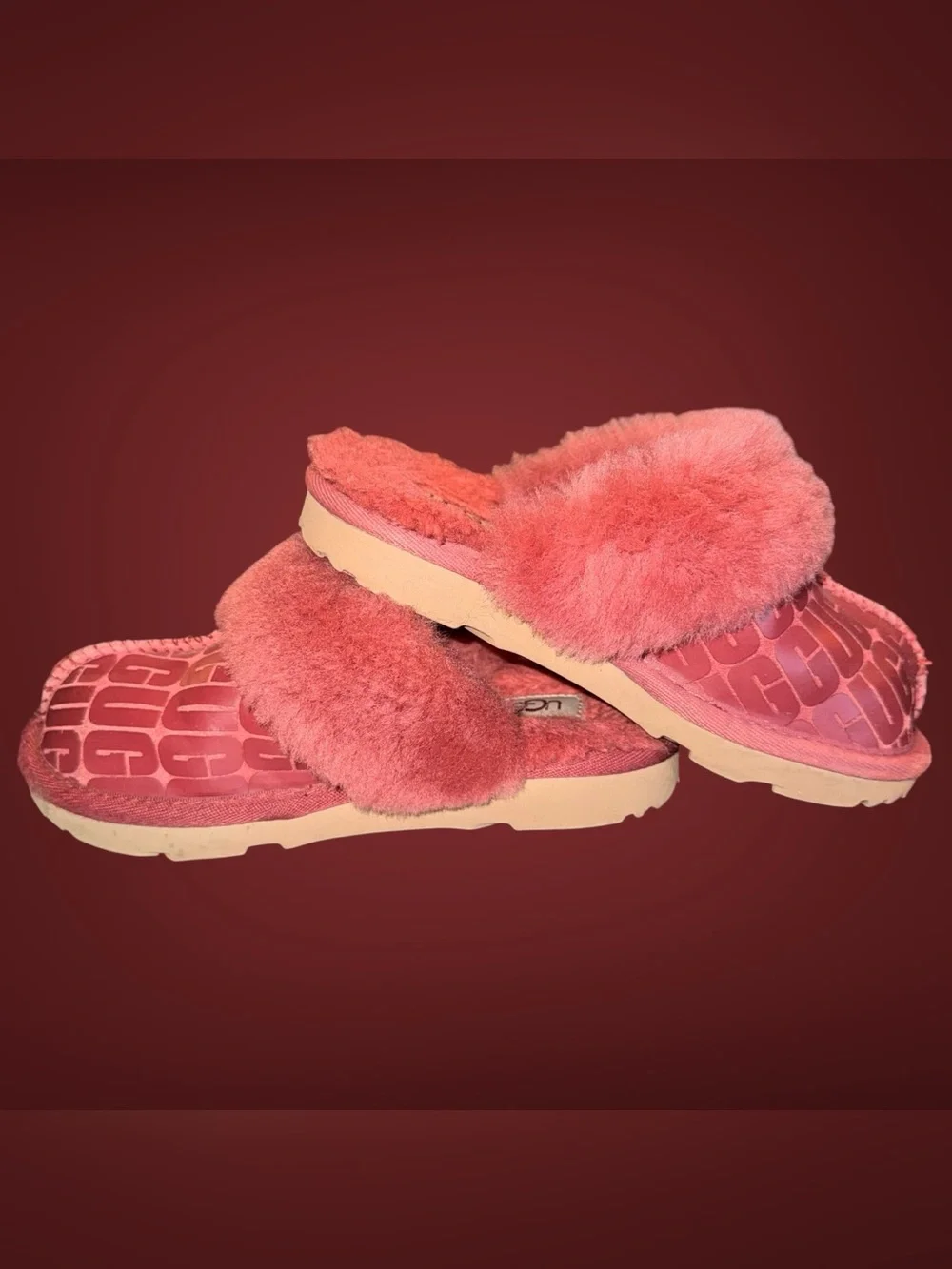 UGG Kids Disquette Logo Shadow Coral / Pink Shearling Slipper Clogs Size 12C